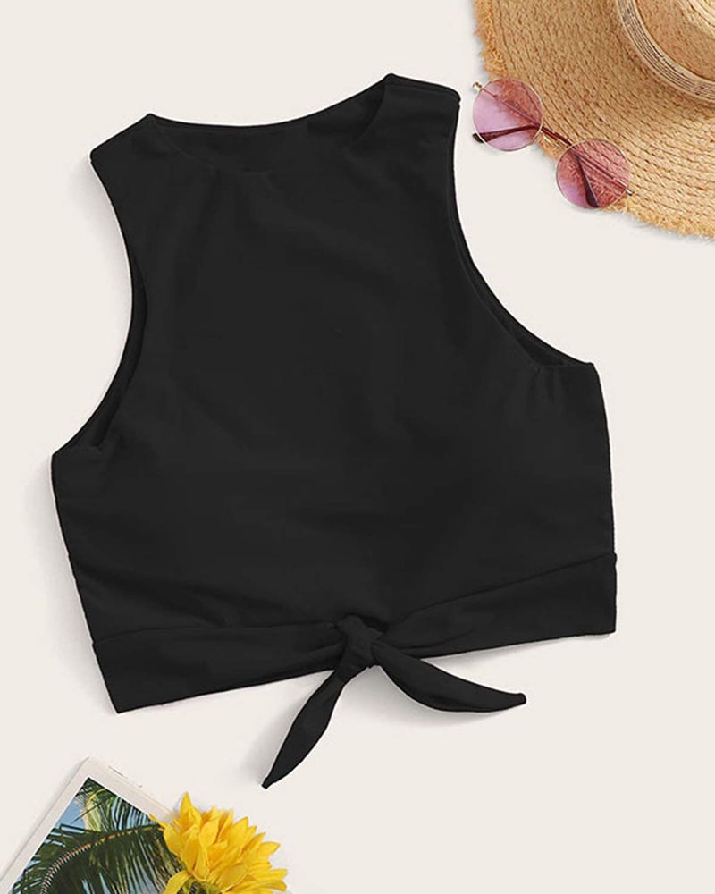 Balasami Women's Cut Out Tie Knot Front Scoop High Neck Tank Crop Top Bikini Swimsuit Top Only Black - Image 2